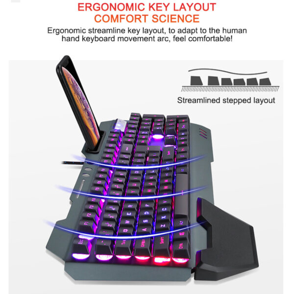 Ergonomic Wired Gaming Keyboard with RGB Backlight and Phone Holder