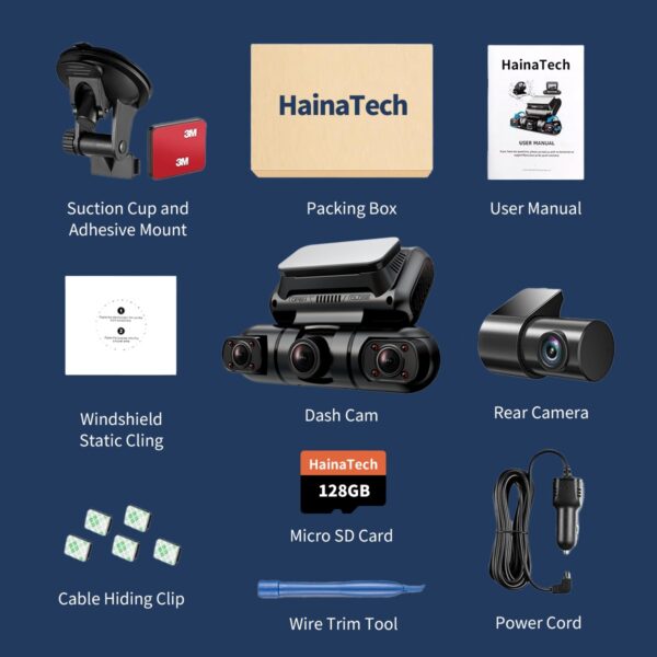Hainatech 360° 4-Channel Dash Cam with GPS, WiFi, Night Vision, 128G Card